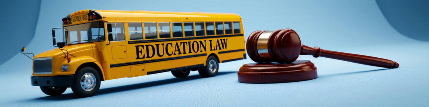 Yellow school bus with Education Law text next to a wooden judge's gavel. Conceptual image representing legal regulations within the school system. Ideal for education policy and law marketing.