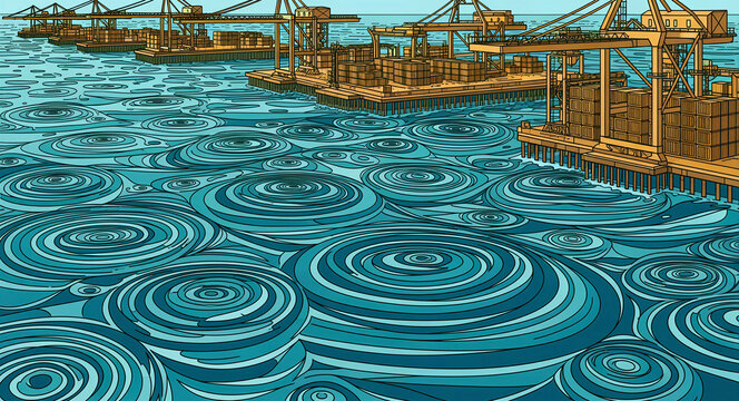 Illustration of a cargo port with cranes and containers. Swirling teal water surrounds the industrial logistics hub. Global trade concept for supply chain and maritime marketing.