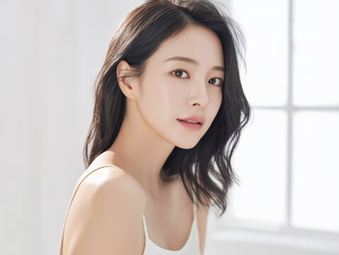 Asian Female model for cosmetic advertising. Beauty skin woman with bare shoulder on white background.