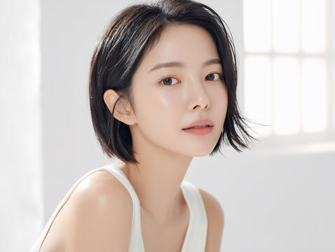 Asian Female model for cosmetic advertising. Beauty skin woman with bare shoulder on white background.