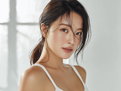 Asian Female model for cosmetic advertising. Beauty skin woman with bare shoulder on white background.