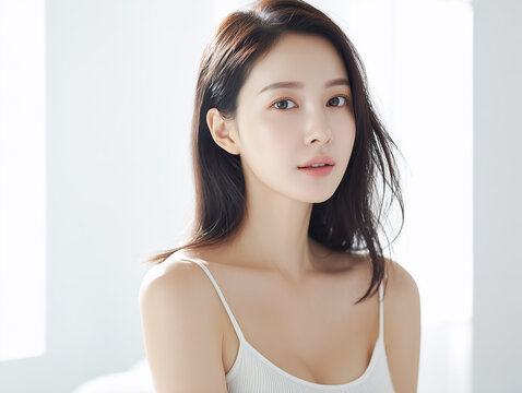 Asian Female model for cosmetic advertising. Beauty skin woman with bare shoulder on white background.
