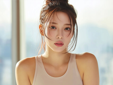 Asian Female model for cosmetic advertising. Beauty skin woman with bare shoulder on white background.