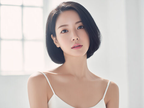 Asian Female model for cosmetic advertising. Beauty skin woman with bare shoulder on white background.