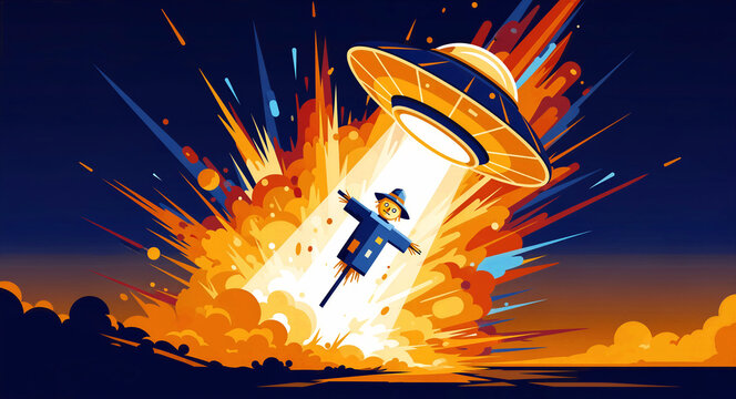 UFO flying saucer abducting a scarecrow with a bright tractor beam. Vibrant explosion and fiery sparks fill the background of this stylized vector illustration. Science fiction invasion concept.