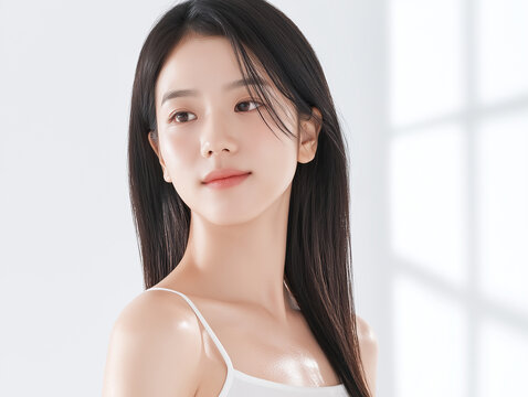 Asian Female model for cosmetic advertising. Beauty skin woman with bare shoulder on white background.