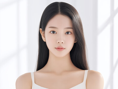 Asian Female model for cosmetic advertising. Beauty skin woman with bare shoulder on white background.