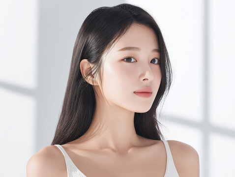 Asian Female model for cosmetic advertising. Beauty skin woman with bare shoulder on white background.