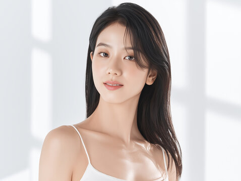 Asian Female model for cosmetic advertising. Beauty skin woman with bare shoulder on white background.