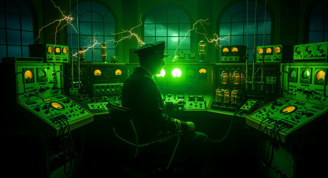Officer sitting at a vintage control panel with green light and electrical arcs. Silhouette of a technician operating complex analog machinery in a retro laboratory. Sci-fi mystery concept.