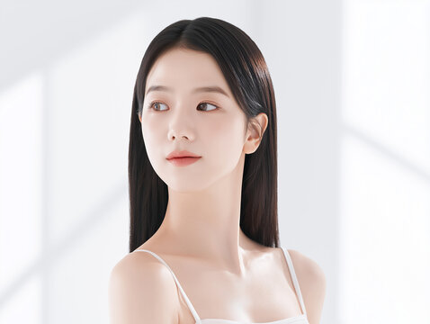 Asian Female model for cosmetic advertising. Beauty skin woman with bare shoulder on white background.