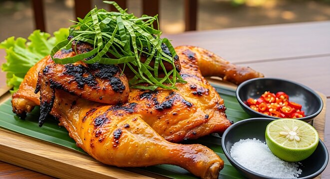 platter of Vietnamese Charcoal Grilled Chicken with Kaffir Lime Leaves (GA NUONG LA CHANH). The composition highlights the glossy, crispy golden-orange chicken skin flecked with charred spots from the