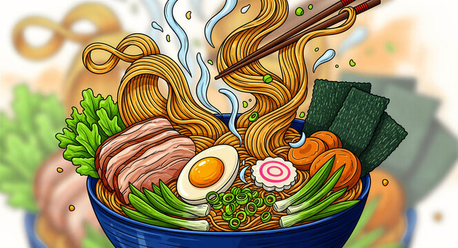Steaming bowl of Japanese ramen noodles with chopsticks vector illustration. Features sliced pork, soft boiled egg, and nori in a rich broth. Perfect for restaurant menus and food branding.