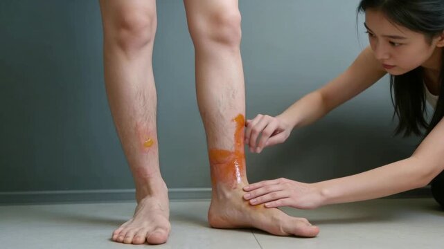 Woman applying ankle support bandage for leg injury recovery at home
