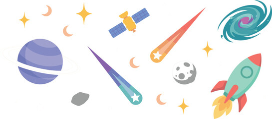 Outer Space Elements With Rocket Ship Planets And Satellite Vector Illustration Set © Sufea