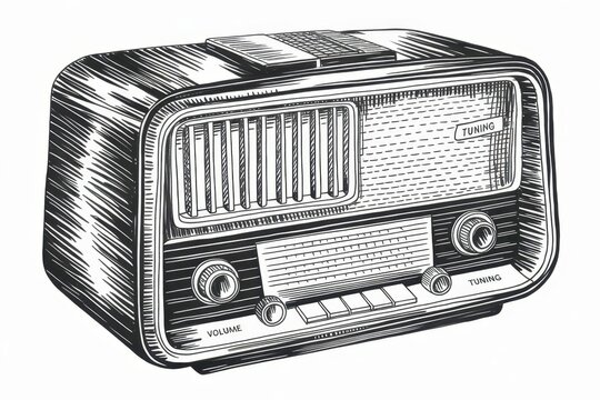 Retro style radio receiver with tuning dials and knobs in detailed ink