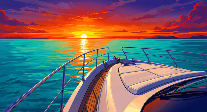 View from the bow of a luxury yacht sailing towards a vibrant sunset. Colorful orange and purple skies reflect on turquoise water. Maritime lifestyle concept, ideal for travel and luxury marketing.
