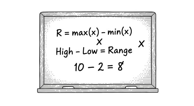 Math lesson on a blackboard: Range calculation, High minus Low equals Range