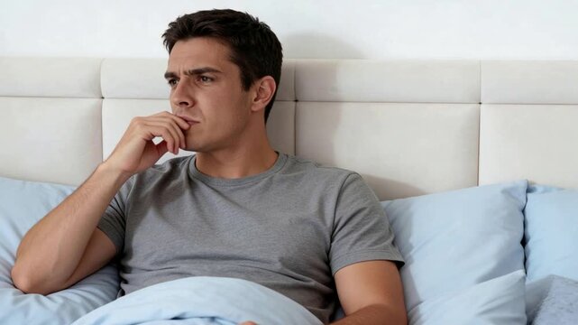 Thoughtful man sitting in bed during restless morning at home