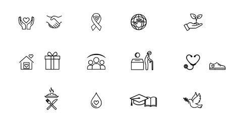 Fototapeta premium Icons Representing Various Social Issues and Positive Actions in Black and White Line Art Style Featuring Community, Support, Charity with Donation