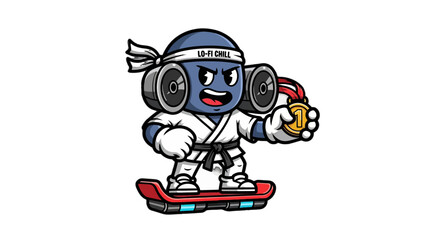 Fototapeta premium Cute Cartoon Character Skateboarding With Headphones And Gloves.