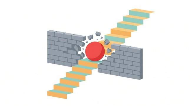 3D isometric flat vector illustration of a red ball breaking through a brick wall on a staircase, representing the concept of overcoming obstacles and business success
