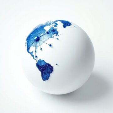 Globe displaying network connections. Blue lines highlight continents, suggesting global communication, data transfer, technology integration. Minimalist style.
