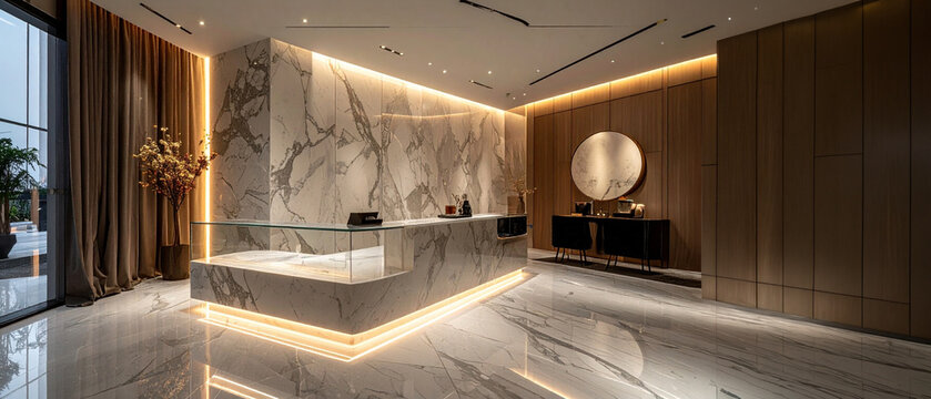 Marble reception desk office lobby interior architecture. Stone floor wood panel led lighting plant mirror. Corporate business workplace entrance space environment building realestate property assets.