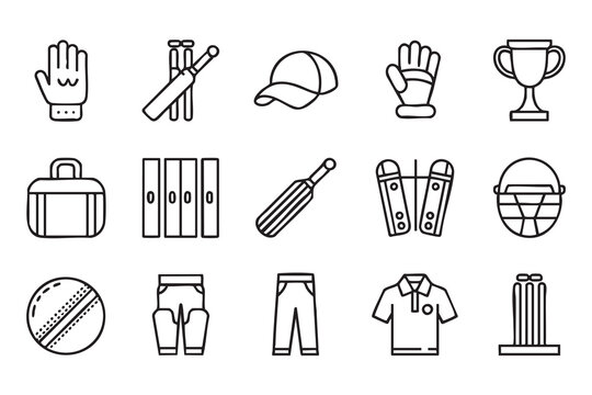 UI cricket icons for sports apps, match dashboards, equipment menus, tournament pages, team kits, awards, and game controls