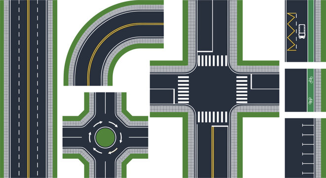 Top view road constructor vector elements set with highway junction curve roundabout and crossroad