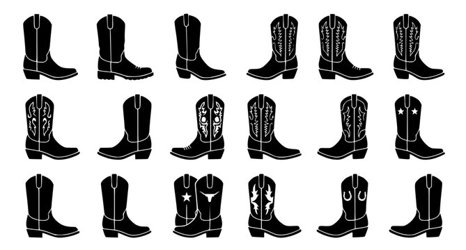 Vintage Western Cowboy Boot Silhouette Flat Vector Icon Set