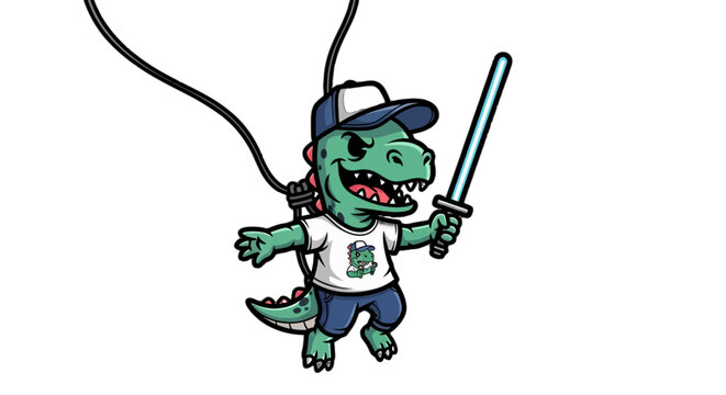 Cute Cartoon Dinosaur Holding Sword with Baseball Cap.
