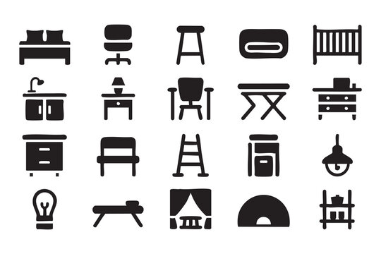 Icon pack of furniture, bedroom, office, bathroom, nursery, lighting glyphs for interior design tools
