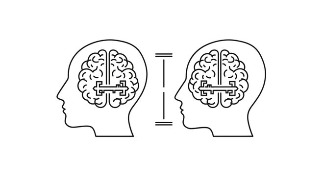 Two human brains connected by a key and lock mechanism, symbolizing communication and understanding.
