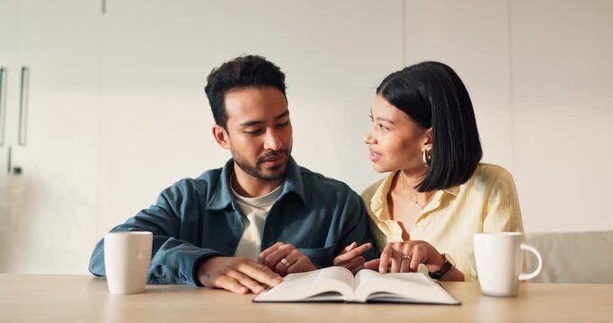 Smile, couple and reading in home with bible, study scripture and morning prayer for guidance. Happy, people and support at house with holy book, religious practice or knowledge for spiritual healing