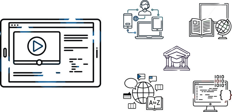 Educational and digital learning icons set with video player