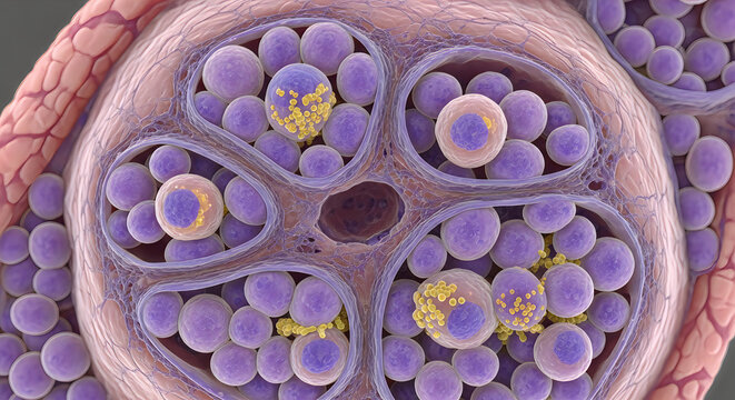 Close-up 3d render of purple and yellow pollen grains on a flower's anther, scientific illustration, detailed texture, vibrant colors, educational, botanical study