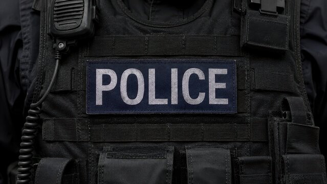 Closeup of a police officer wearing a black tactical vest with a patch