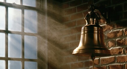 Obraz premium Golden bell mounted on brick wall, illuminated by sunbeams through window