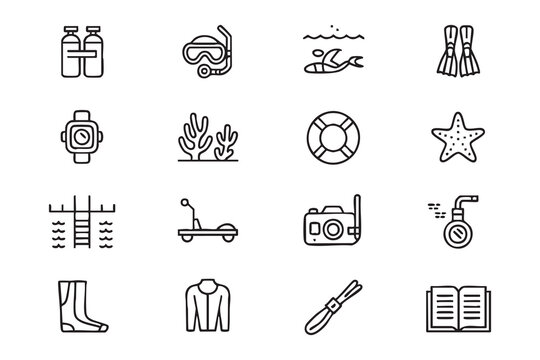 App design diving icon collection, underwater equipment glyphs, ocean travel navigation, scuba resort assets