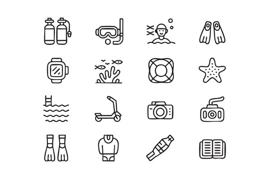 Icon pack of scuba gear, diving mask, snorkel, fins, tank, wetsuit, camera, lifebuoy marine symbols