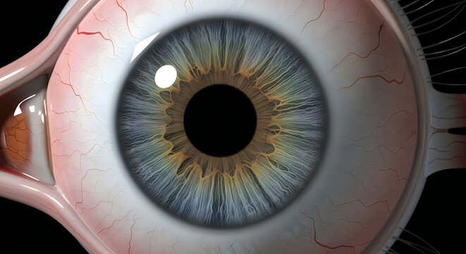 Close-up of a human eye with a detailed iris and bloodshot veins, 3d render, medical illustration, anatomy study