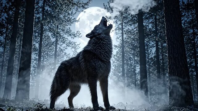 Majestic Wild Wolf Howling at Large Full Moon in Night Forest