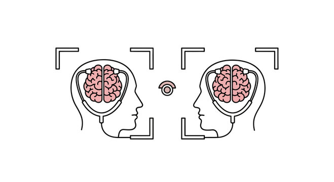 Two Human Heads with Brains Connected by Wires, Facing Each Other in Focus Frame