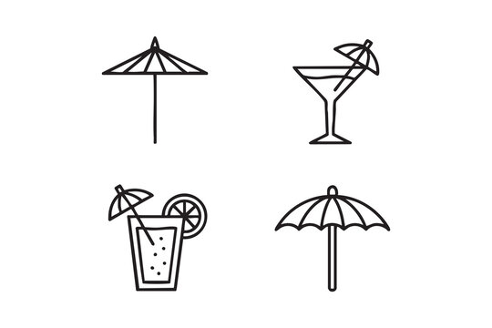 UI/Web summer cocktail icons, tropical drink umbrella glyphs, beach bar menu navigation assets