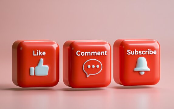 Red social media icons with like comment and subscribe buttons on pastel pink background