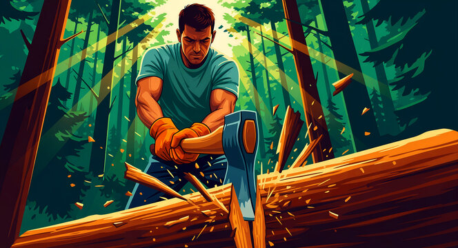 Strong man chopping a fallen log with an axe in a dense forest. Vibrant graphic illustration of a woodcutter performing manual labor. Woodworking and forestry concept for outdoor industry themes.