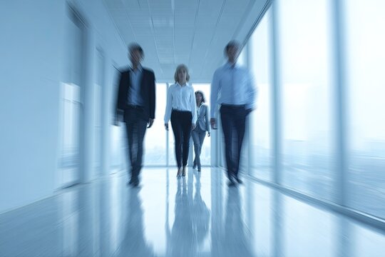 Business professionals walk down a blurred modern office corridor towards the viewer