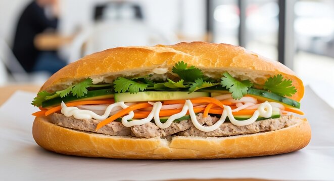 freshly baked, golden-brown Vietnamese Banh Mi baguette resting on a sheet of greaseproof paper inside a bright, airy cafe environment. The crispy crust is split open, highlighting a generous filling 