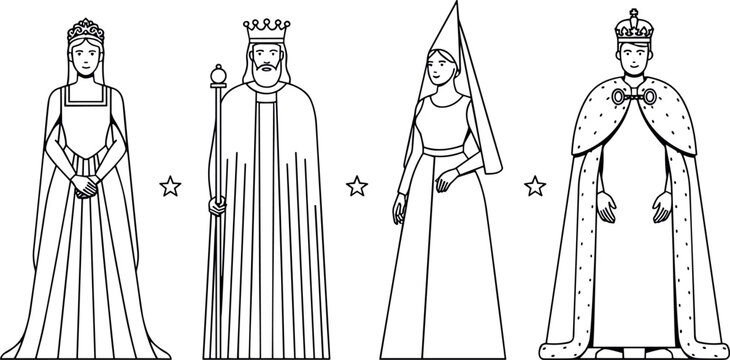 Medieval Royalty Line Art Vector Set Featuring King Queen Prince Princess Noble Characters